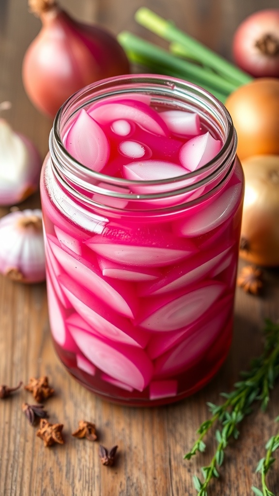 A jar of bright pink pickled onions in vinegar on a wooden table.